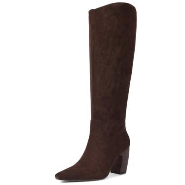 Imagem de Oiamenne Botas de cano alto femininas de bico quadrado macio salto grosso, botas longas confortáveis de panturrilha larga com zíper lateral, Camurça chocolate, 40