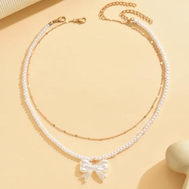 Imagem de Elegante colar feminino de camada dupla com laço de pérola, gargantilha em camadas douradas, acessório de pescoço fofo ajustável
