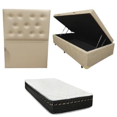 Imagem de Cama Box Baú Blindada com Colchão Eagle Molas Bonnel 22cm + Cabeceira Botonê (CORINO BEGE, Solteiro)