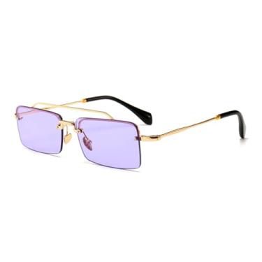 Imagem de HPIRME Óculos de sol retangulares retrô masculinos, armação de metal, sem aro, para mulheres (roxo transparente)