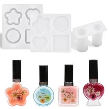 Imagem de HyzaPhix 3 peças de molde de garrafa de resina, pequeno molde de silicone para frascos de esmalte redondos de coração faça você mesmo, recipiente de líquido de viagem (4 estilos)