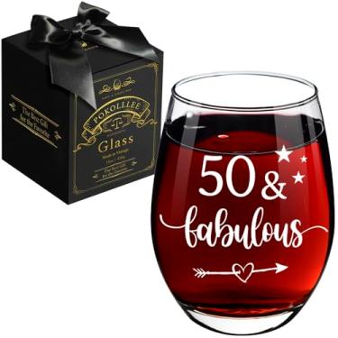 Imagem de Pokolllee Presentes de aniversário de 50 anos para mulheres, homens - 50 Fabulous Wine Cup Novelty 50th Bday Gift - Presente engraçado de 50 anos para mãe pai marido esposa irmã tia BFF colegas de