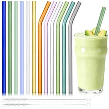 Imagem de Yomarket Pacote com 12 canudos de vidro coloridos, resistentes a quebras, reutilizáveis, 23 cm x 10 mm para smoothies, milkshakes, suco, conjunto de 6 canudos retos e 6 dobrados com 2 escovas de