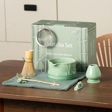 Imagem de Conjunto de batedor Matcha, kit de 8 peças de cerâmica Matcha inclui tigela, batedor e suporte, colher de bambu, peneira e toalha de chá para cerimônias, amantes de Matcha