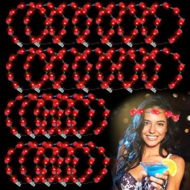 Imagem de YOFOBU 36 Pcs Flower Crown Headband,Light Up Flower Headbands for Women,Glowing Floral Wreath Crowns for Wedding Beach Party (Red)
