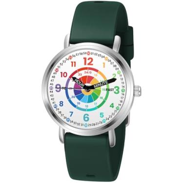 Imagem de Afcrho Relógios infantis, relógio infantil para aprendizagem, hora de aprendizagem e tempo fácil de ler, relógio analógico para meninos e meninas de 3 a 11 anos, 17. Mostrador de dardo, pulseira verde