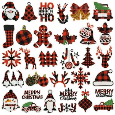 Imagem de Kleeblatt 32 peças de adesivos de Natal para decoração de Natal bordado para crianças e adultos, árvore de Natal, boneco de neve, passar a ferro ou costurar para roupas, jaqueta jeans