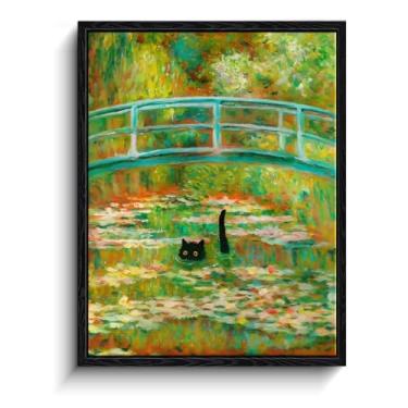 Imagem de Arte de parede emoldurada de gato preto, gato preto engraçado em Monet Ponte japonesa e nenúfares impressão de arte texturizada inspirada, pinturas estéticas para quarto, sala de estar, banheiro