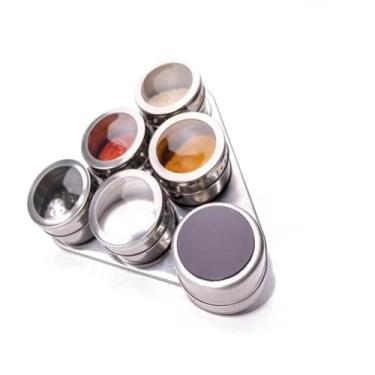 Imagem de Kit Organizador Magnético Triangular para Temperos em Aço Inox, 6 Potes com Base, 6cm x 4,5cm, Cozinha