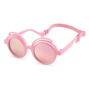 Imagem de Óculos de sol redondos para bebês, óculos de sol flexíveis de borracha com alça para bebês recém-nascidos de 0 a 24 meses, Armação rosa | Lente espelhada rosa