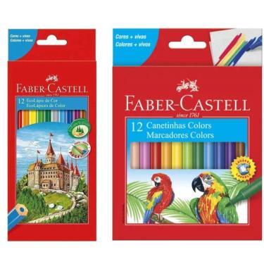 Imagem de Kit Escolar Infantil Lápis De Cor + Canetinha Hidrográfica 12 Cores Faber-castell