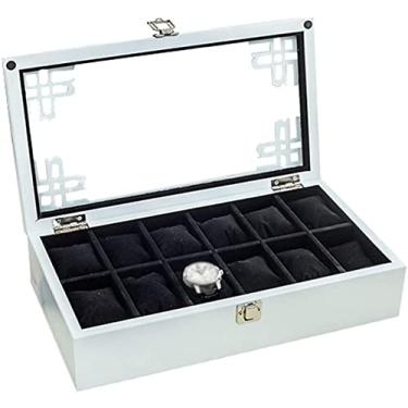 Imagem de uhyOHF Caixa de exibição de relógio, caixa de relógio de madeira, tampa de vidro, 12 pulseiras, bandejas, organizador de abotoaduras com 12 almofadas de armazenamento de remoção (cor: branca)