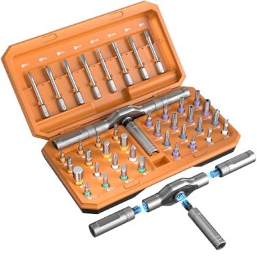 Imagem de VEYSMOU Conjunto de chaves de fenda catraca magnética 42 em 1 com alça e estojo em T removíveis, kit de chave de precisão multibits para eletrônicos, PC, bicicletas, consertos de móveis, óculos e