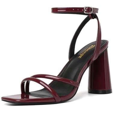 Imagem de RIBONGZ Sandálias femininas de salto alto com tiras bordô, salto quadrado, aberto, sapatos de formatura para noivas, vestido de festa de casamento, Borgonha, 7 UK