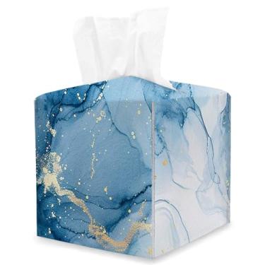 Imagem de Capa quadrada de caixa de lenços de mármore azul, suporte de caixa de lenços de cubo moderno, organizador de papel facial de couro para decoração de mesa para banheiro, casa, carro, mesa noturna, sala