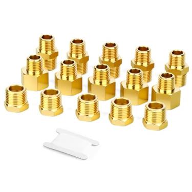 Imagem de GORAGUCHI Conjunto de mamilo e bucha sextavada redutora de latão 15 peças, NPT de 3/20.3 cm x 1/10.2 cm, encaixe de tubulação NPT, para ar/combustível/água/gás/óleo