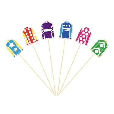 Imagem de JarThenaAMCS 300 peças de palitos de coquetel de corrida de cavalos roupas Jockey palitos de dente longos para comida, frutas, bebidas, aperitivo, sobremesa, cupcake, topos de dia do Derby, evento