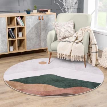 Imagem de Sungea Tapete redondo abstrato de 90 cm, tapetes chiques laváveis e antiderrapantes de montanha, tapetes macios de pelo baixo, pequenos tapetes internos para quarto/banheiro/lavanderia/berçário