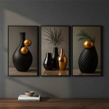 Imagem de Quadro Decorativo 3 Peças Abstrato Geométrico Moderno Preto 150x70 SAL
