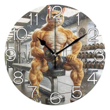Imagem de Relógio de parede analógico decorativo funky alimentado por bateria para quarto e cozinha, arte de parede boho decoração de casa gato legal academia atlética, 25 cm, ponteiros pretos