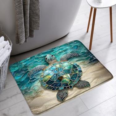 Imagem de HWSSHW Tapete de banho tartaruga marinha azul-petróleo oceano praia vitral animal costeiro vida marinha microfibra espuma de memória decoração de banheiro tapetes para cozinha quarto