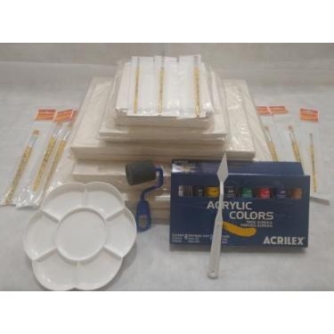 Imagem de Mega Kit 10 Telas+9Pincéis+8 Tinta Acrilica+01 Rolinho+01 espátula+1 G