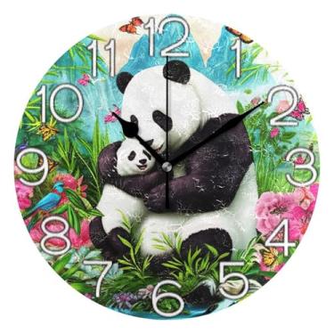Imagem de GAIGEO Relógio de parede decorativo analógico operado por bateria silencioso relógio de cozinha rústico, retrô moderno art déco decoração de parede panda fofo floral borboleta rosa, 25 cm, ponteiros