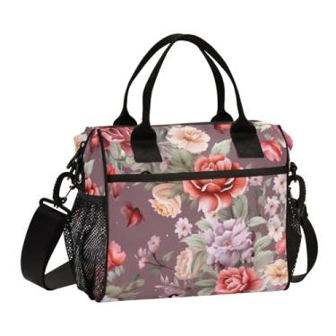 Imagem de GAIGEO Aquarela de flores em lancheira marrom com alça de ombro, lancheiras para adultos, lancheira de viagem, M