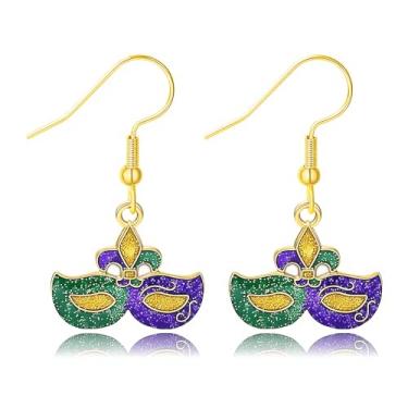 Imagem de Brincos femininos de carnaval com glitter, máscara esmaltada, chapéu de palhaço, brincos roxos pendurados delicados e fofos brincos de carnaval, joias de carnaval para mulheres, Medium, Metal, Sem