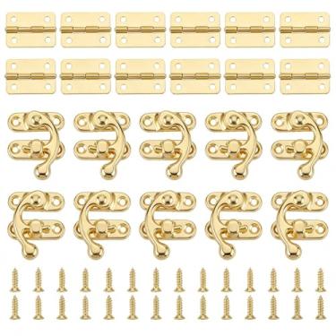 Imagem de Conjunto de 10 fechaduras para caixa de joias, mini fecho de braço giratório, estilo vintage, pequenas dobradiças de bronze e trava de ferrolho de caixa antiga com 68 parafusos e 12 peças de