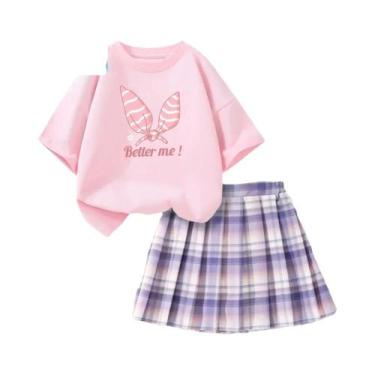 Imagem de Conjunto De Verão Para Meninas: Camiseta Rosa Com Laço E Saia Xadrez, 