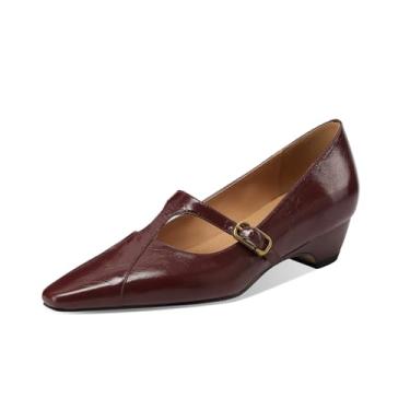 Imagem de TinaCus Sapato feminino elegante de bico fino feito à mão com fivela em T e salto baixo, Borgonha, 34