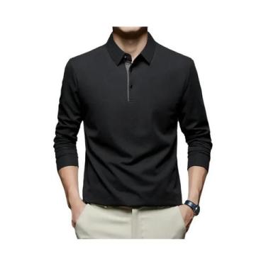 Imagem de Camisa Polo Masculina De Manga Longa Em Cor Sólida Casual De Negócios 