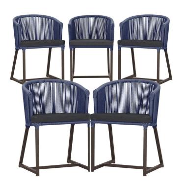 Imagem de 5 Cadeiras De Jantar Noronha Marrom Corda Náutica E11 Trama Azul