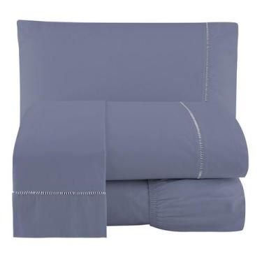 Imagem de Jogo De Lençol Casal Padrão 4 Peças 100% Algodão Azul Escuro - Armazém