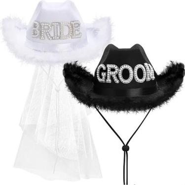 Imagem de Conjunto de chapéus de cowgirl para noiva e noivo, branco e preto, não