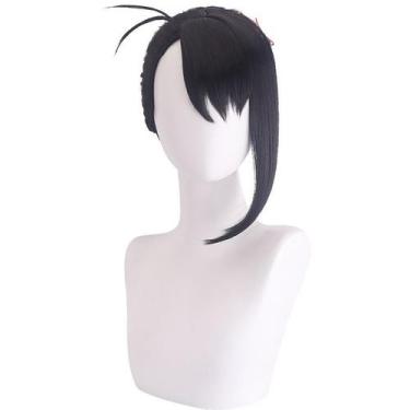 Imagem de Peruca de cosplay preta de anime com franja lateral e cordão superior 
