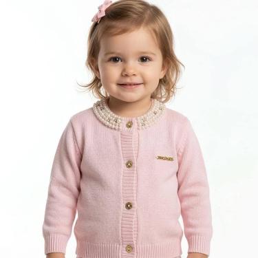 Imagem de Casaco Gola Bordada Pérolas Tricô Kids Rosa Claro