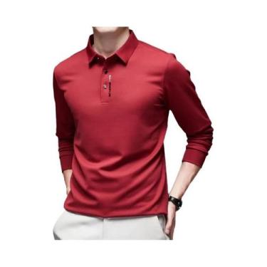 Imagem de Camisa Polo Masculina Casual De Manga Longa, Cor Sólida, Respirável, C