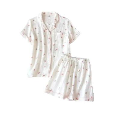 Imagem de Conjunto De Pijamas De Algodão Para Mulheres, Verão, Manga Curta, Ajus
