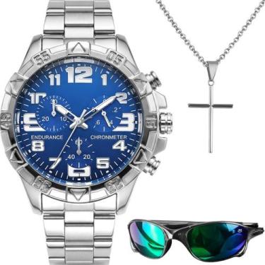 Imagem de relogio masculino aço prova dagua + oculos sol + cordão cruz social ca
