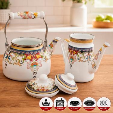 Imagem de Kit Chaleira 2,5L e Bule 1,2L Esmaltada Vintage Ferro Esmaltado Design Sofisticado Branco Indiana Ranch