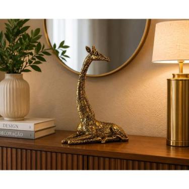 Imagem de Estátua Girafa Africana Dourada em Resina Decoração Luxo Sala Aparador