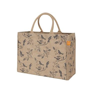 Imagem de KAF Home Bolsa de juta Market com estampa de pássaros, alça durável, parte inferior reforçada e bolso interno com zíper, capacidade generosa, 32 cm de altura x 43 cm de largura x 18 cm de profundidade