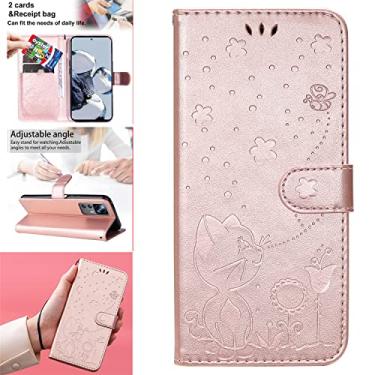 Imagem de Capas de telefone de negócios de luxo compatíveis com Xiaomi 12T 12T Pro capa de couro em relevo gato abelha slots para cartão carteira clipe capas à prova de choque (ouro rosa, Xiaomi 12T)