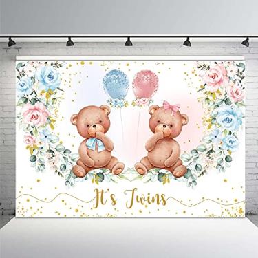Imagem de MEHOFOND Gêmeos Urso Gêmeo Menino Menina Chá de Bebê Fundo It's Twins Rosa Azul Floral Decorações Festa de Aniversário Fundo Fotografia Recém-Nascido Tema Revelação de Gênero Tema Bolo Banner Suprimentos 2 x 1,5 m