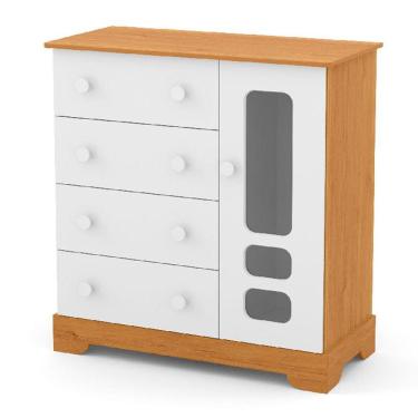 Imagem de Comoda de Bebê Smart 1 Porta e 4 Gavetas 100% MDF Cor Freijó com Branco Soft - Matic Móveis
