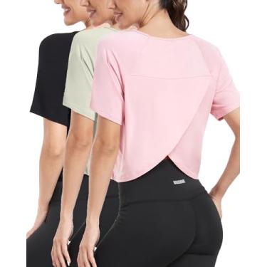 Imagem de Donnalla Pacote com 3 camisetas femininas de ginástica, folgadas, básicas, de manga curta, costas divididas, ioga, corrida, academia, atlética, Preto, verde claro, rosa, G