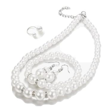 Imagem de Tatibana Conjunto de 4 peças de joias de pérolas dos anos 20, bijuterias, colares de pérolas, brincos de argola de pérolas, pulseira de pérolas, anel de pérola para mulheres, meninas, conjuntos de
