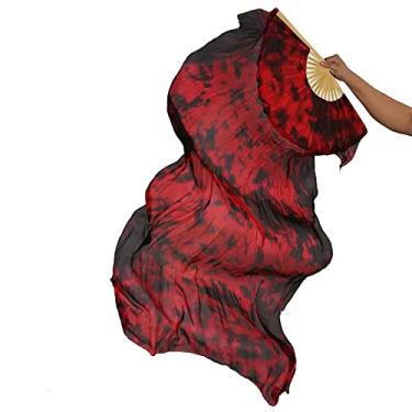 Imagem de TMZAQH Véus femininos para fãs de dança do ventre longos de seda verdadeira para mão direita 150 x 90 cm, Tie-dye vermelho e preto, 150*90cm
